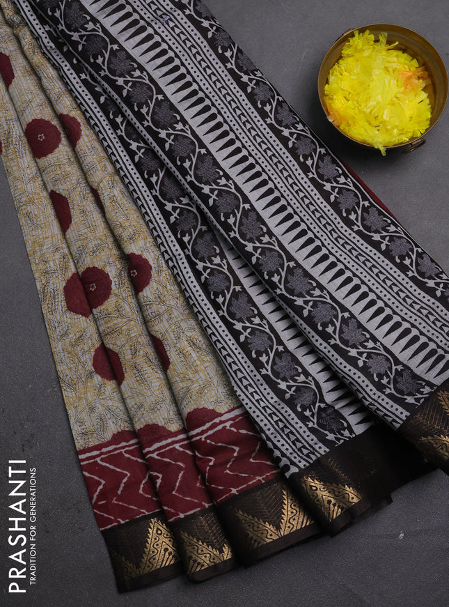 Semi maheshwari cotton saree grey maroon and coffee brown with allover floral prints and zari woven border