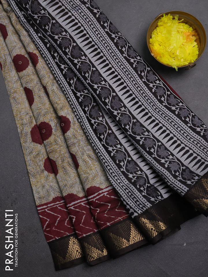 Semi maheshwari cotton saree grey maroon and coffee brown with allover floral prints and zari woven border