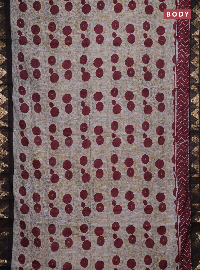 Semi maheshwari cotton saree grey maroon and coffee brown with allover floral prints and zari woven border