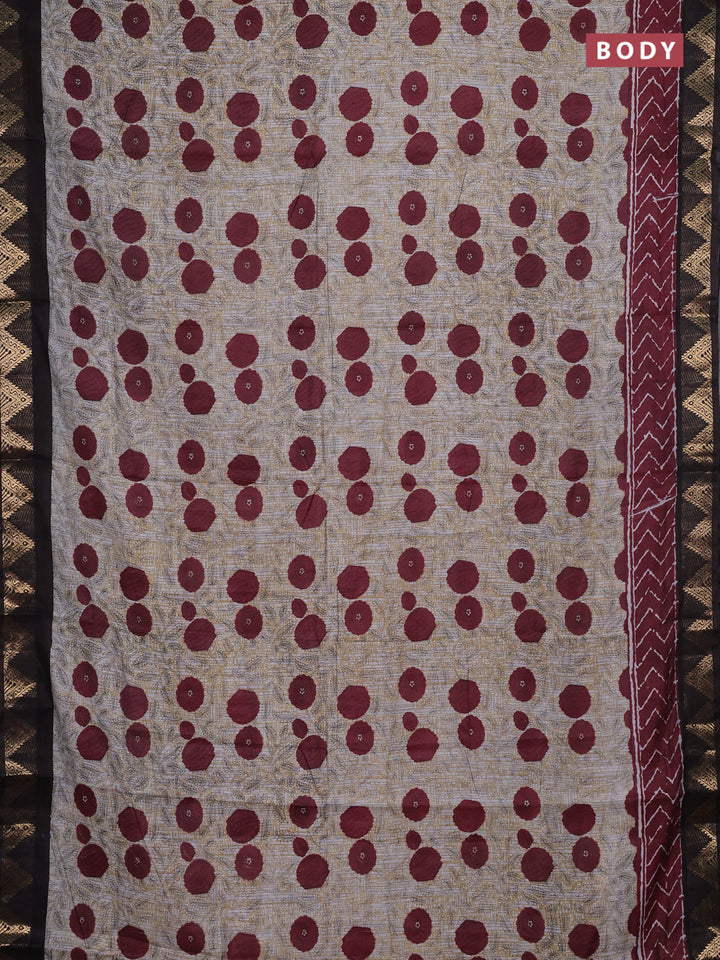 Semi maheshwari cotton saree grey maroon and coffee brown with allover floral prints and zari woven border