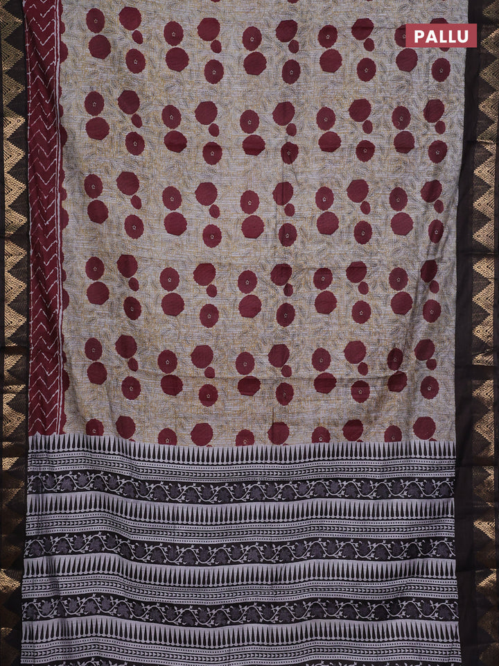 Semi maheshwari cotton saree grey maroon and coffee brown with allover floral prints and zari woven border