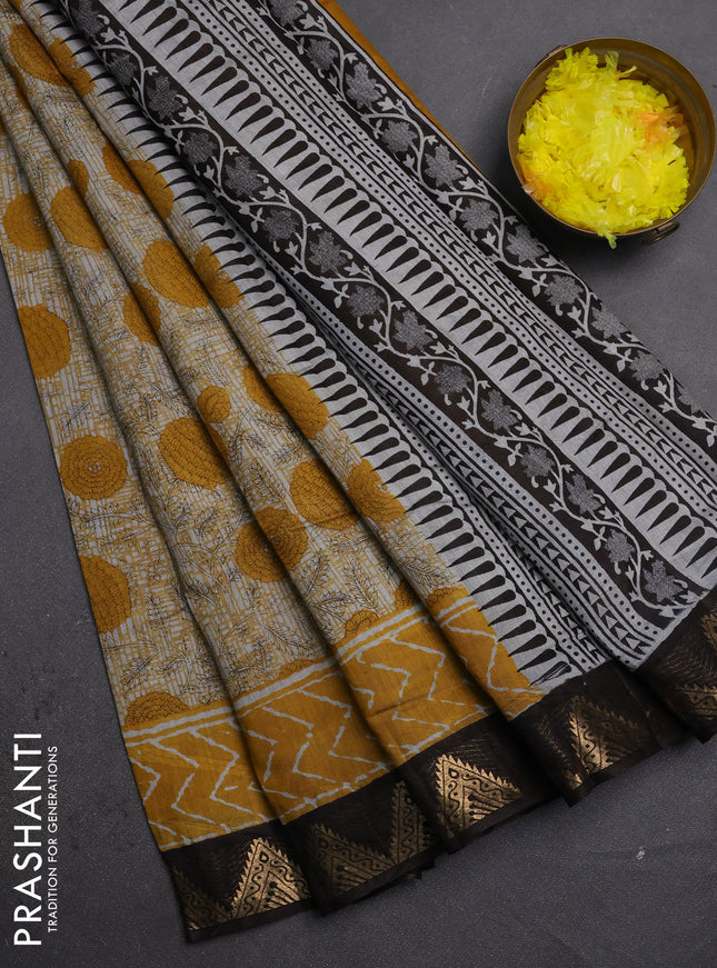 Semi maheshwari cotton saree grey mustard yellow and coffee brown with allover floral prints and zari woven border