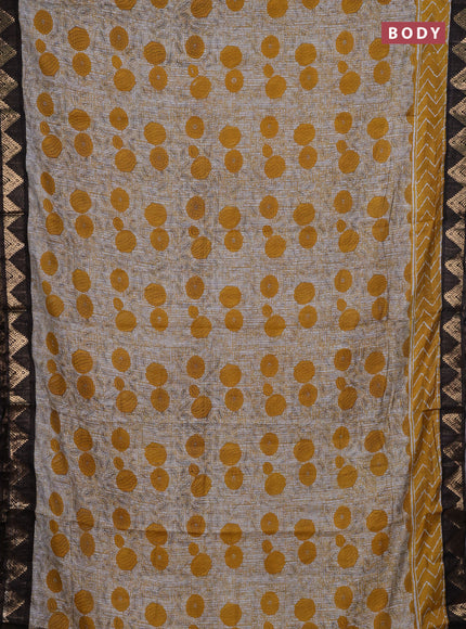 Semi maheshwari cotton saree grey mustard yellow and coffee brown with allover floral prints and zari woven border