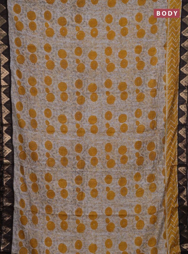 Semi maheshwari cotton saree grey mustard yellow and coffee brown with allover floral prints and zari woven border