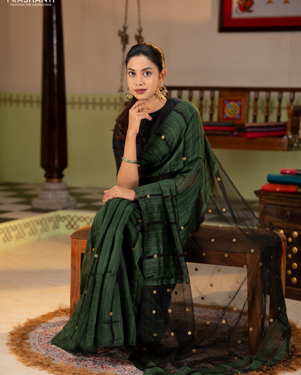 Matka silk saree bottle green with allover coin buttas in borderless style