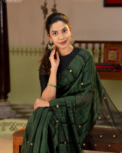 Matka silk saree bottle green with allover coin buttas in borderless style
