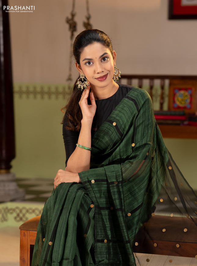 Matka silk saree bottle green with allover coin buttas in borderless style