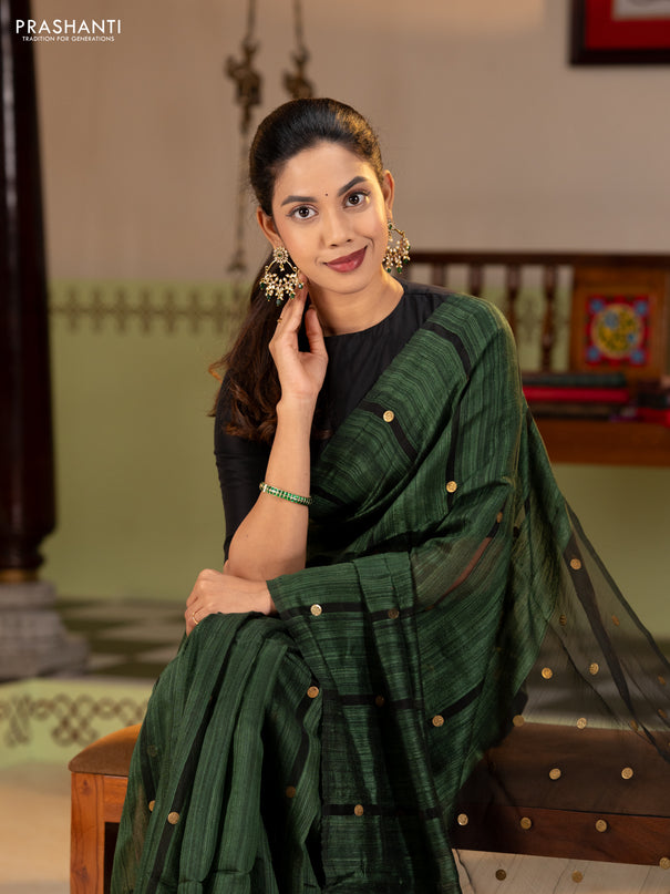 Matka silk saree bottle green with allover coin buttas in borderless style
