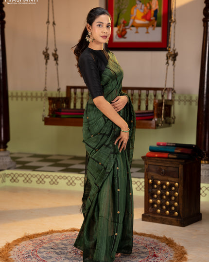 Matka silk saree bottle green with allover coin buttas in borderless style