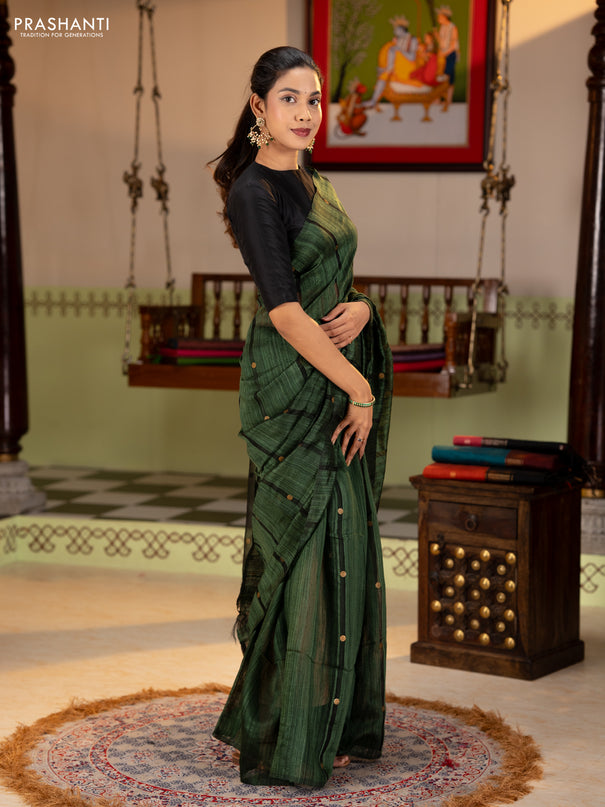 Matka silk saree bottle green with allover coin buttas in borderless style
