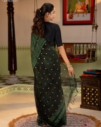 Matka silk saree bottle green with allover coin buttas in borderless style