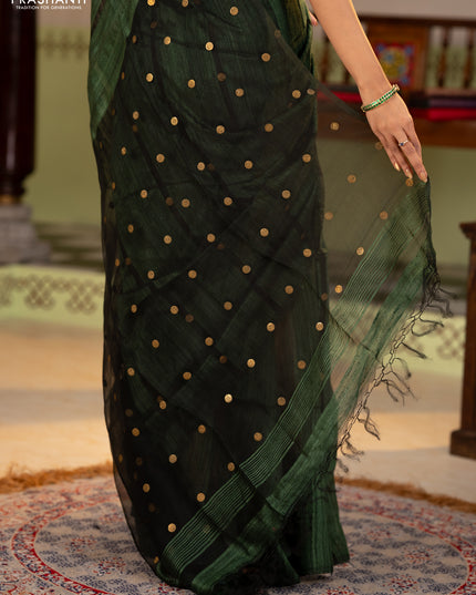 Matka silk saree bottle green with allover coin buttas in borderless style