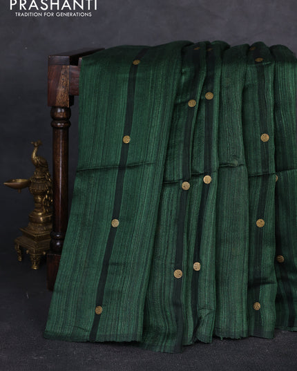 Matka silk saree bottle green with allover coin buttas in borderless style