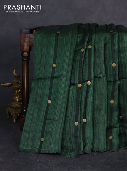 Matka silk saree bottle green with allover coin buttas in borderless style