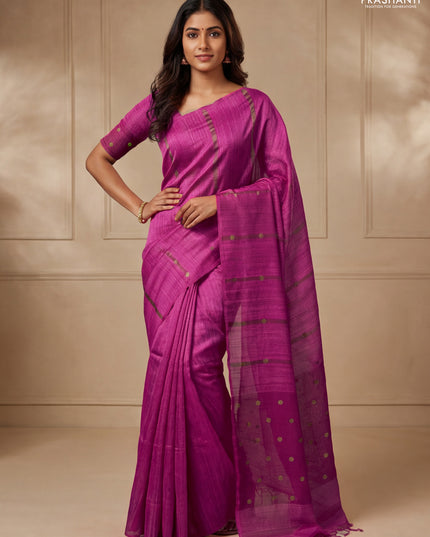 Matka silk saree pink with allover coin buttas in borderless style