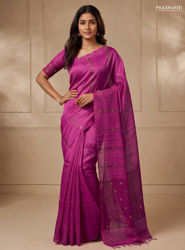Matka silk saree pink with allover coin buttas in borderless style