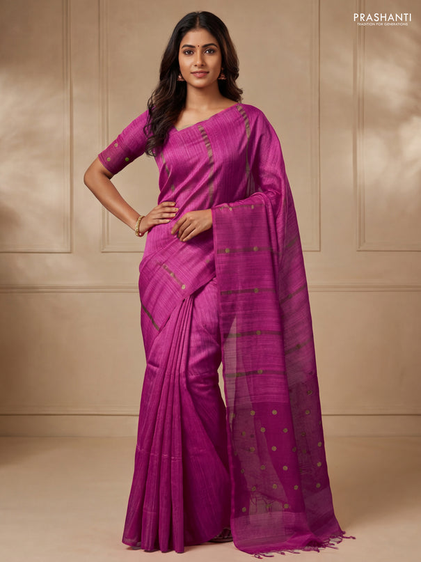 Matka silk saree pink with allover coin buttas in borderless style