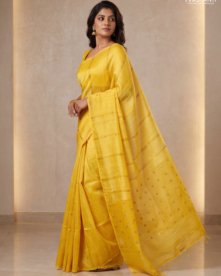 Matka silk saree mustard yellow with allover coin buttas in borderless style