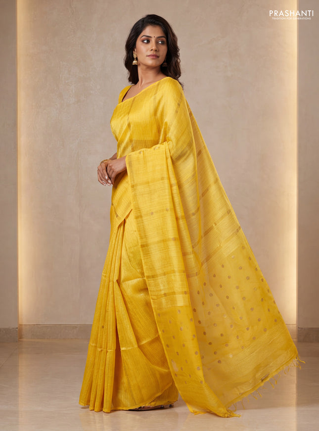 Matka silk saree mustard yellow with allover coin buttas in borderless style