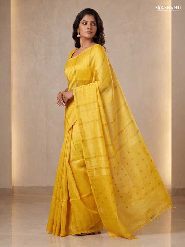 Matka silk saree mustard yellow with allover coin buttas in borderless style