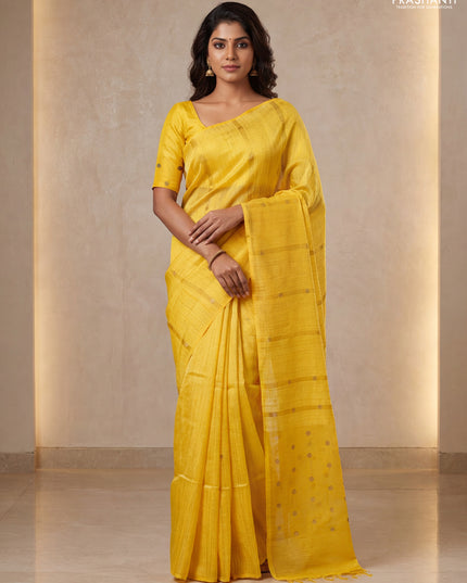 Matka silk saree mustard yellow with allover coin buttas in borderless style