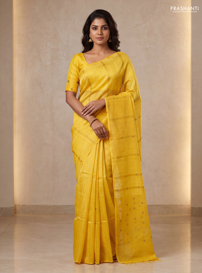 Matka silk saree mustard yellow with allover coin buttas in borderless style