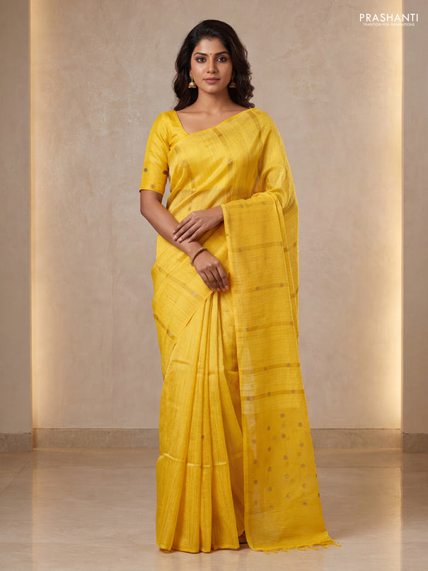 Matka silk saree mustard yellow with allover coin buttas in borderless style