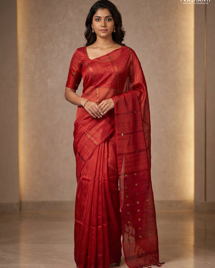 Matka silk saree red with allover coin buttas in borderless style