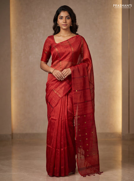 Matka silk saree red with allover coin buttas in borderless style