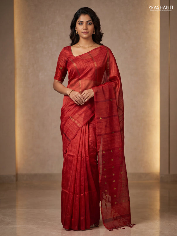 Matka silk saree red with allover coin buttas in borderless style