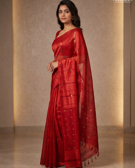 Matka silk saree red with allover coin buttas in borderless style