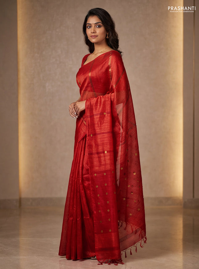 Matka silk saree red with allover coin buttas in borderless style
