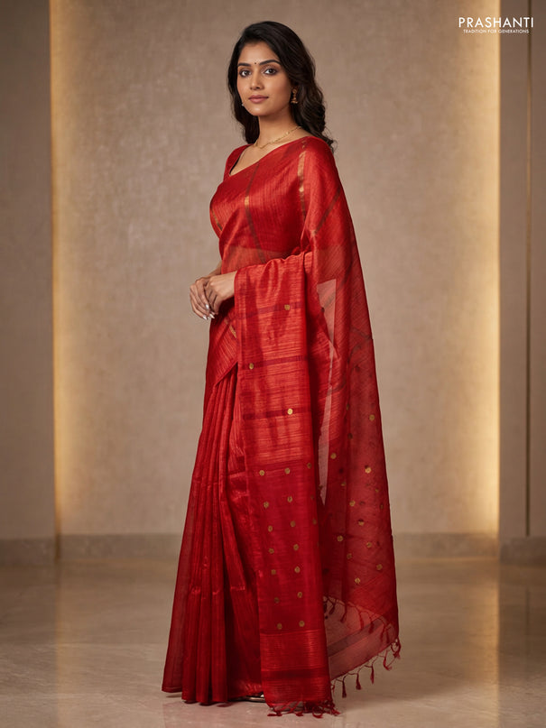 Matka silk saree red with allover coin buttas in borderless style