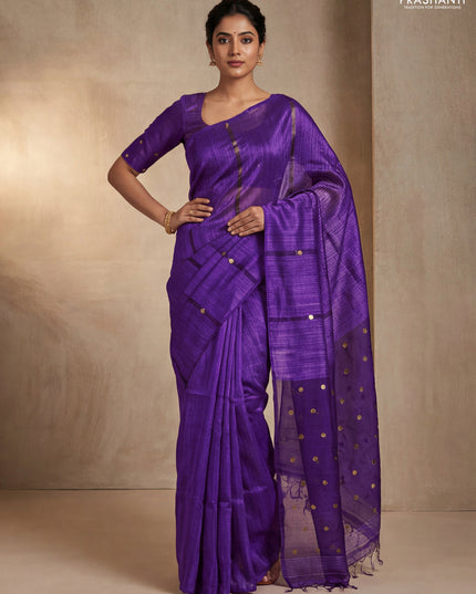 Matka silk saree violet with allover coin buttas in borderless style