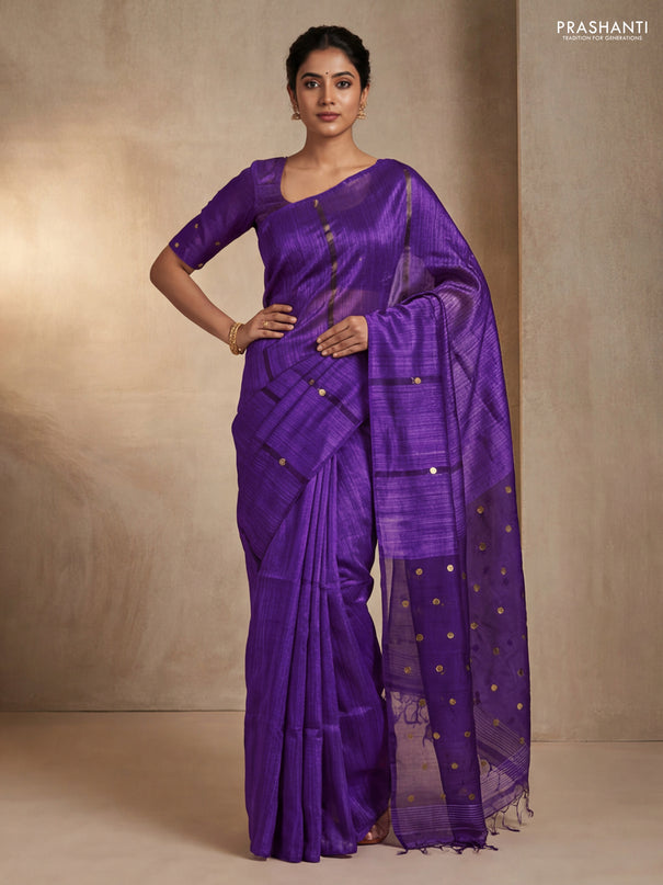 Matka silk saree violet with allover coin buttas in borderless style