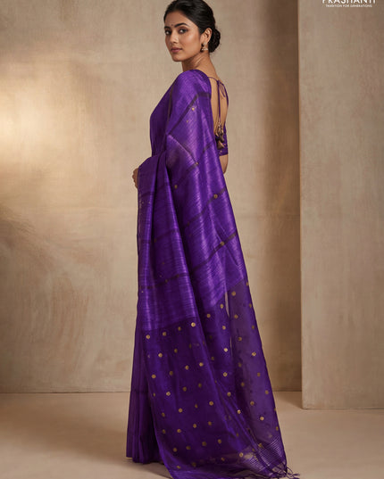 Matka silk saree violet with allover coin buttas in borderless style