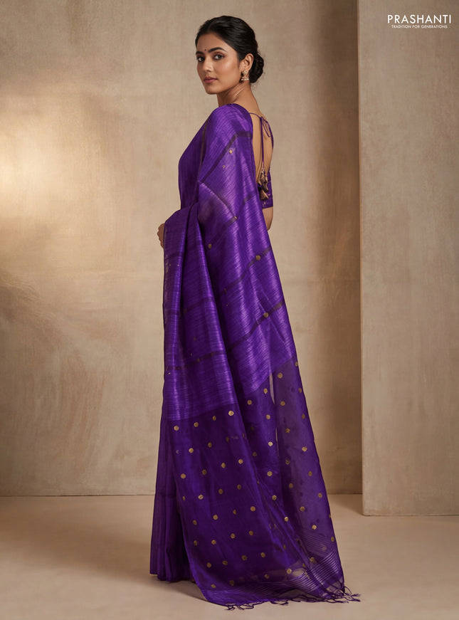 Matka silk saree violet with allover coin buttas in borderless style