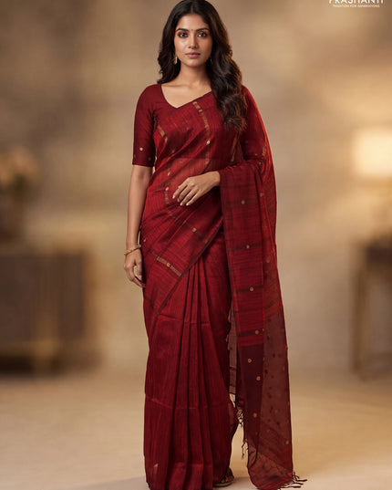 Matka silk saree maroon with allover coin buttas in borderless style