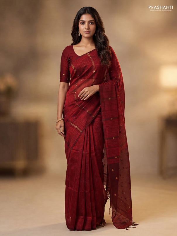 Matka silk saree maroon with allover coin buttas in borderless style