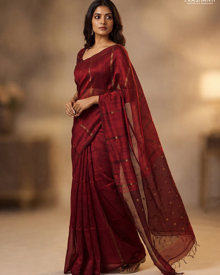 Matka silk saree maroon with allover coin buttas in borderless style