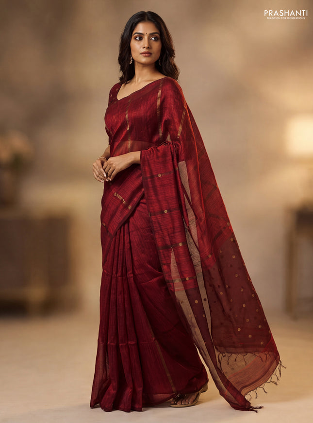 Matka silk saree maroon with allover coin buttas in borderless style