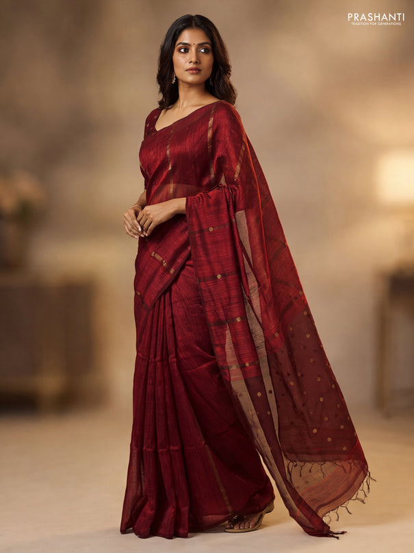 Matka silk saree maroon with allover coin buttas in borderless style