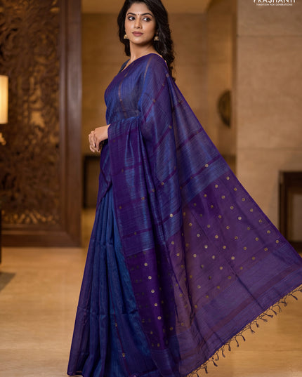 Matka silk saree royal blue with allover coin buttas in borderless style