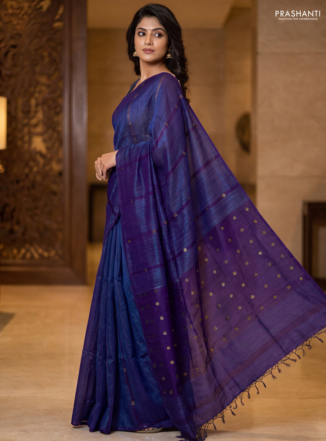 Matka silk saree royal blue with allover coin buttas in borderless style