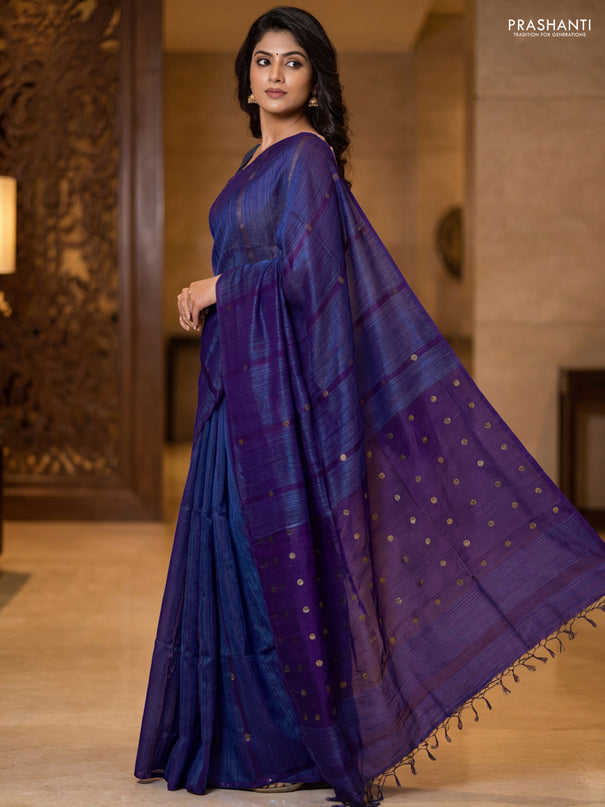 Matka silk saree royal blue with allover coin buttas in borderless style