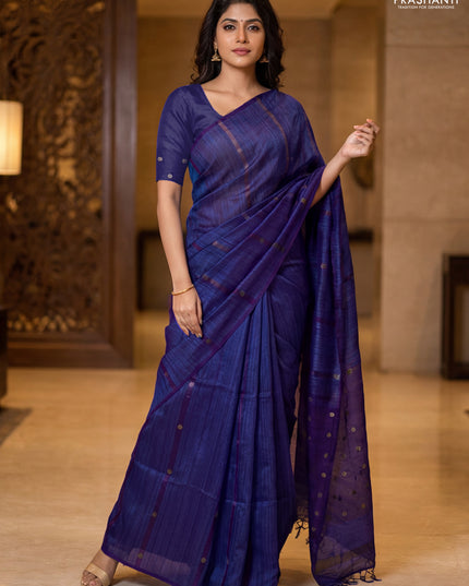 Matka silk saree royal blue with allover coin buttas in borderless style