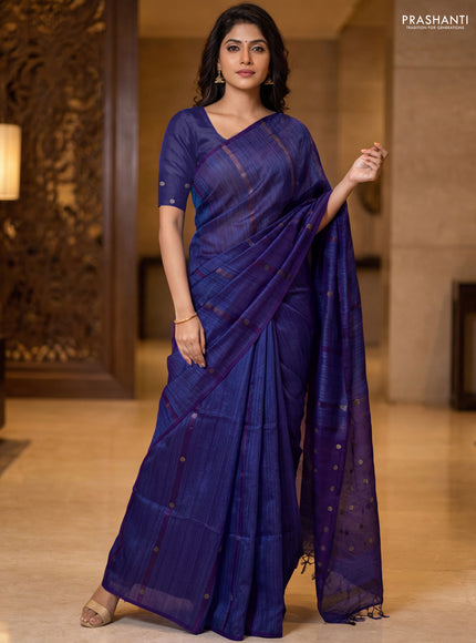 Matka silk saree royal blue with allover coin buttas in borderless style