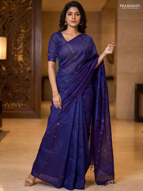 Matka silk saree royal blue with allover coin buttas in borderless style