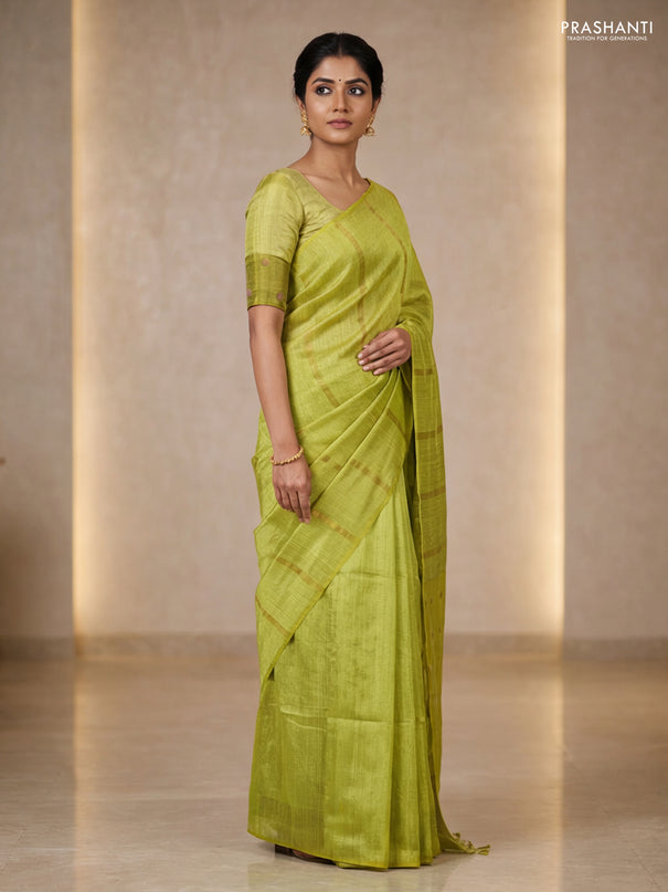 Matka silk saree lime green with allover coin buttas in borderless style