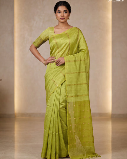 Matka silk saree lime green with allover coin buttas in borderless style